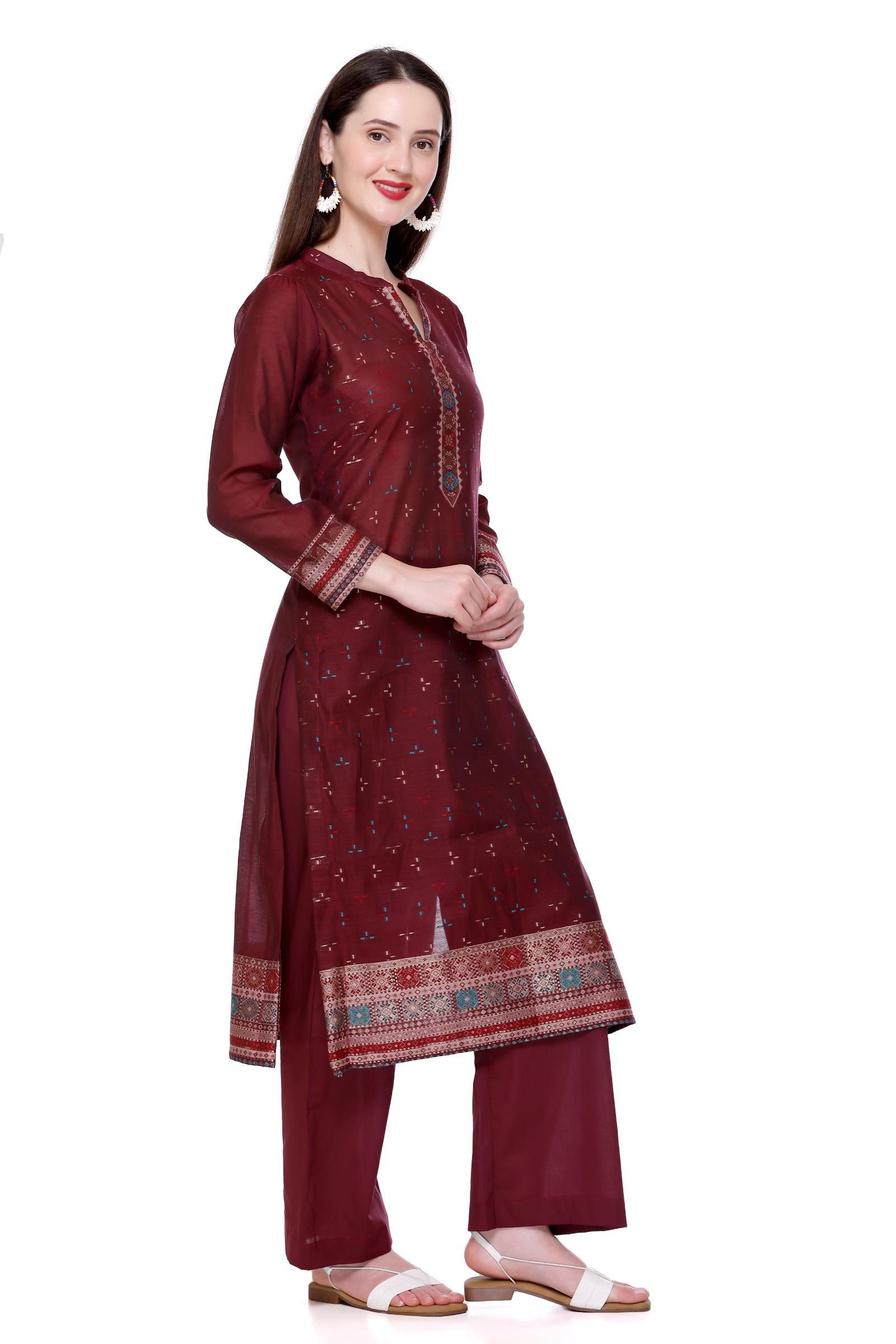 Kidar's Unstitched Cotton Silk Suit In Wine