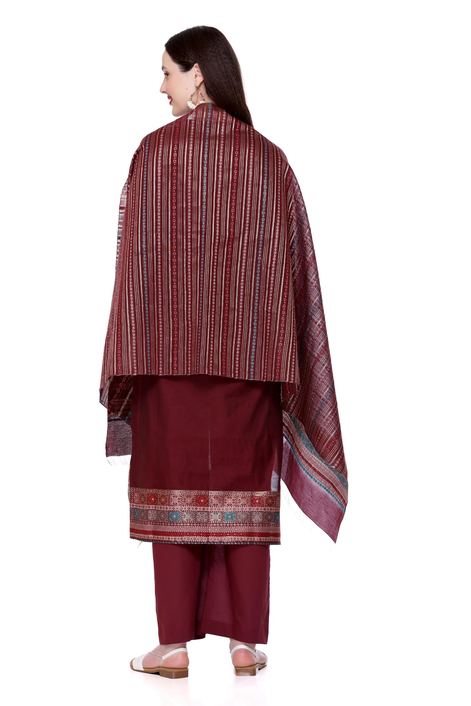 Kidar's Unstitched Cotton Silk Suit In Wine