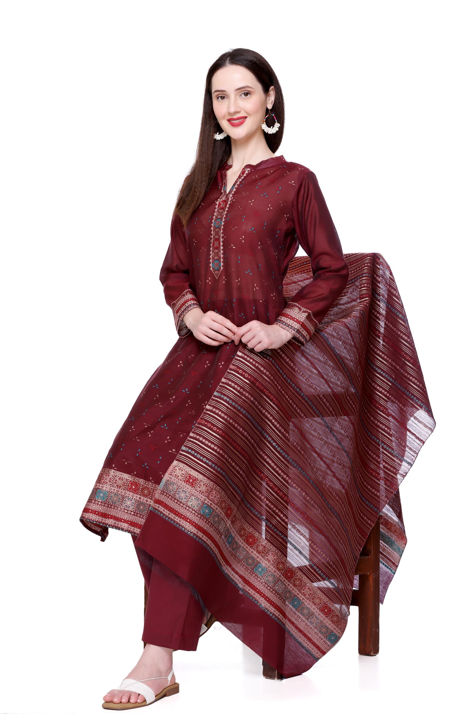 Kidar's Unstitched Cotton Silk Suit In Wine