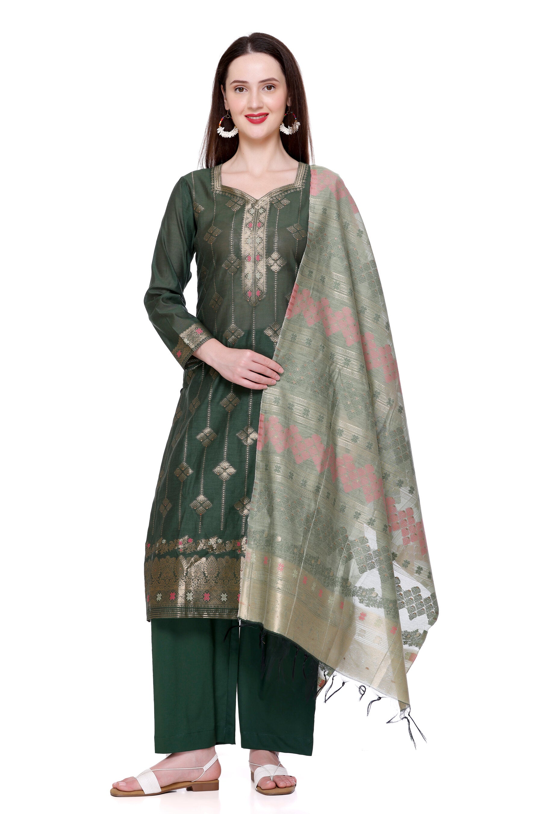 Kidar's Unstitched Cotton Silk Suit In Green