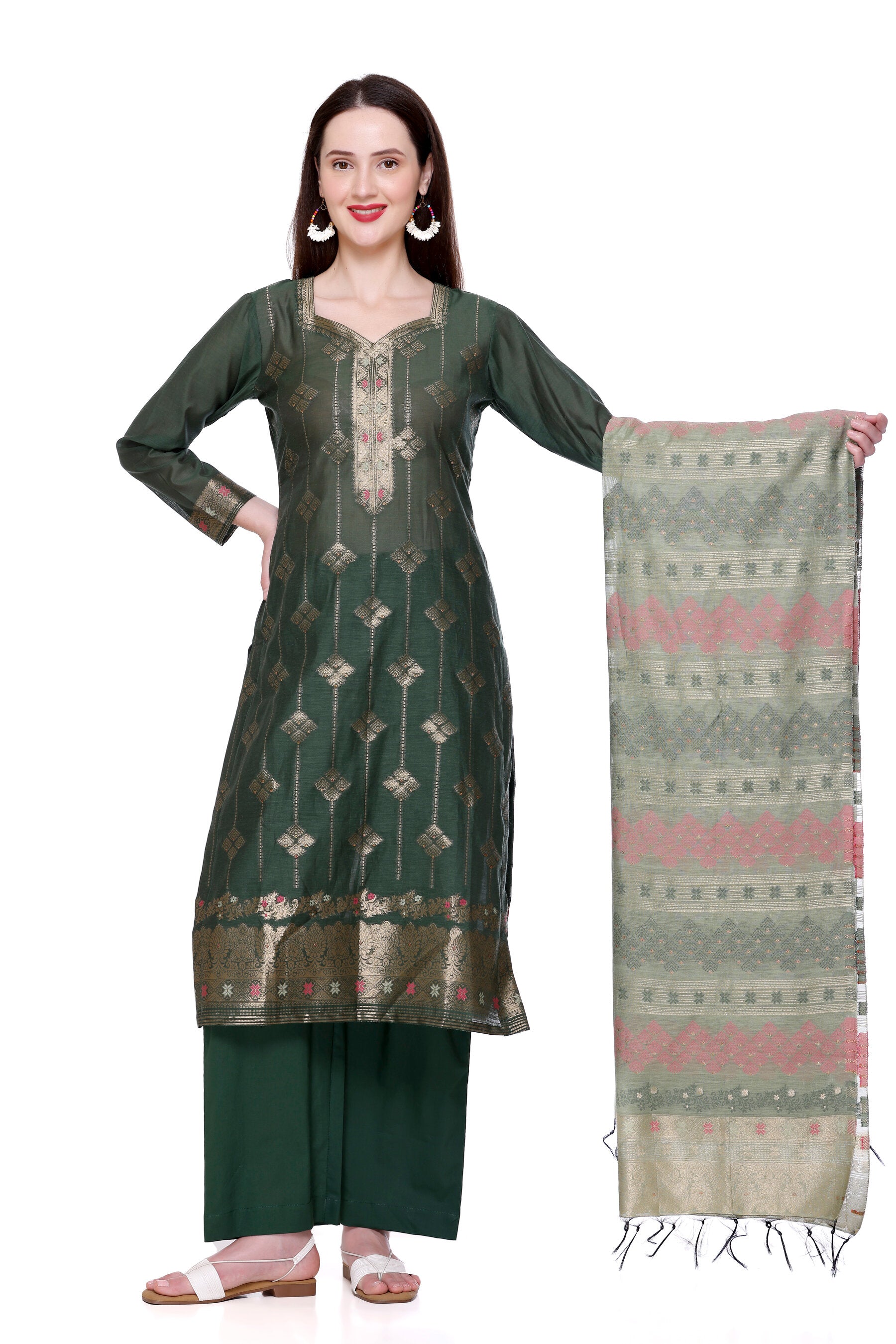 Kidar's Unstitched Cotton Silk Suit In Green