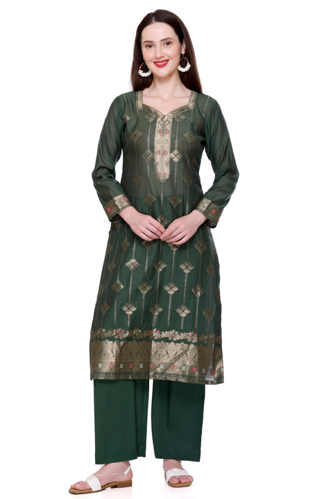 Kidar's Unstitched Cotton Silk Suit In Green