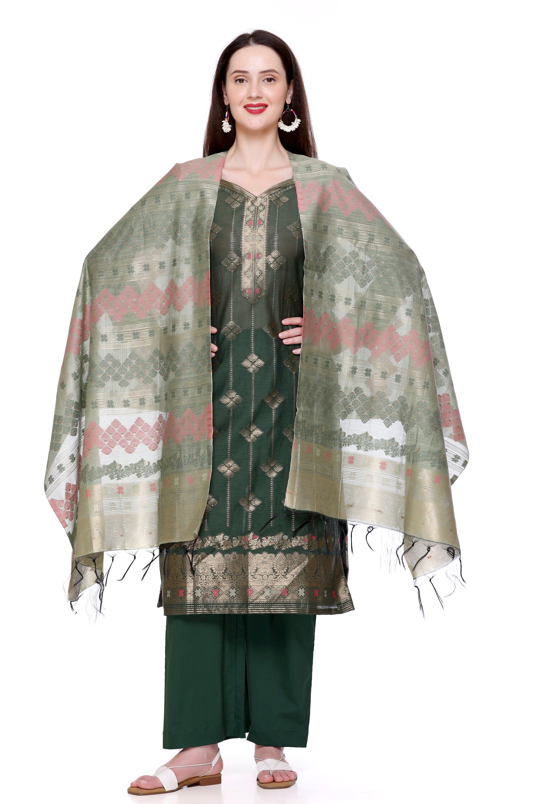 Kidar's Unstitched Cotton Silk Suit In Green