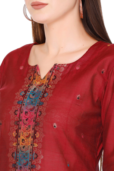 Kidar's Unstitched Cotton Silk Suit in Mehroon