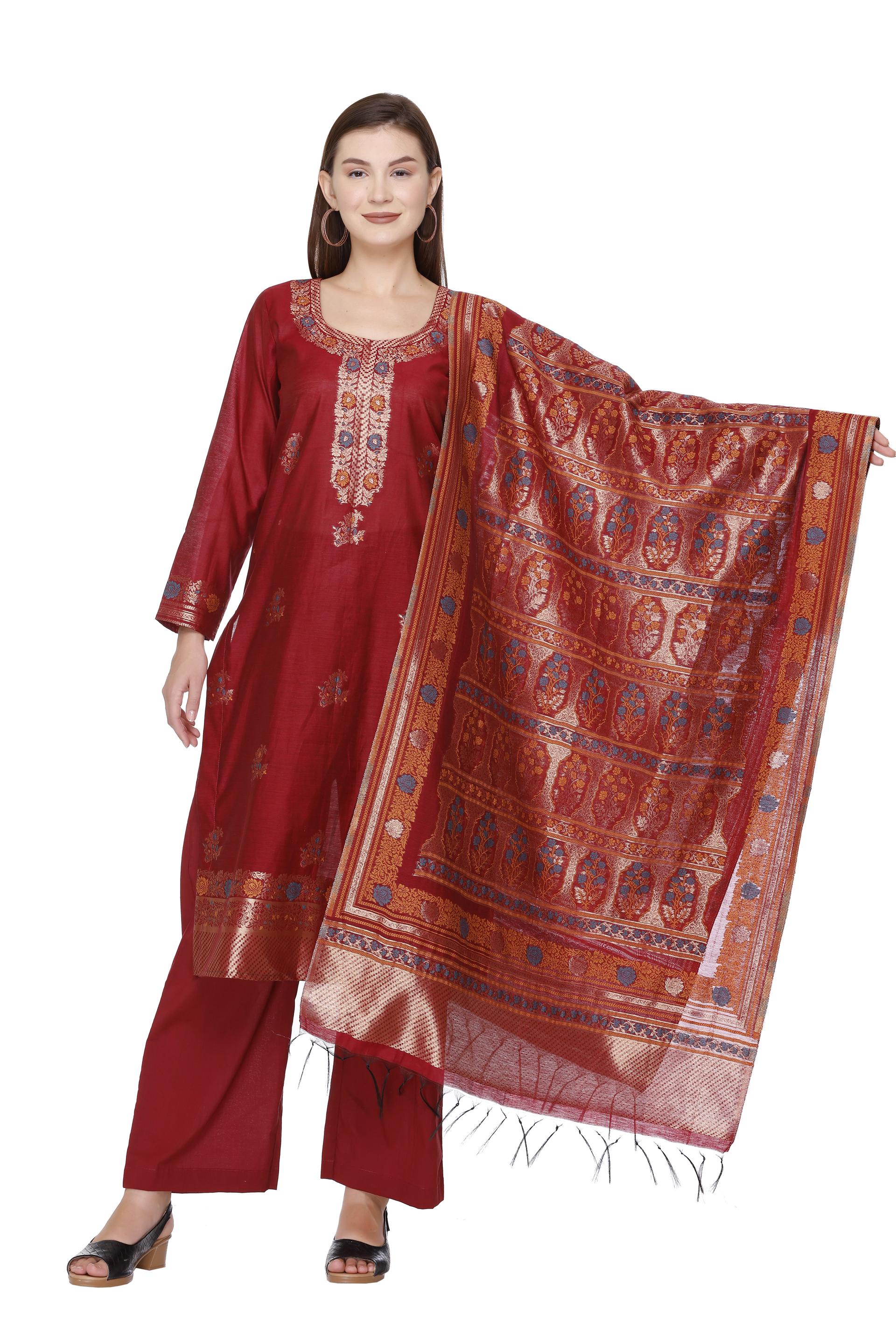 Kidar 's Unstitched Cotton Silk Suit in Mehroon