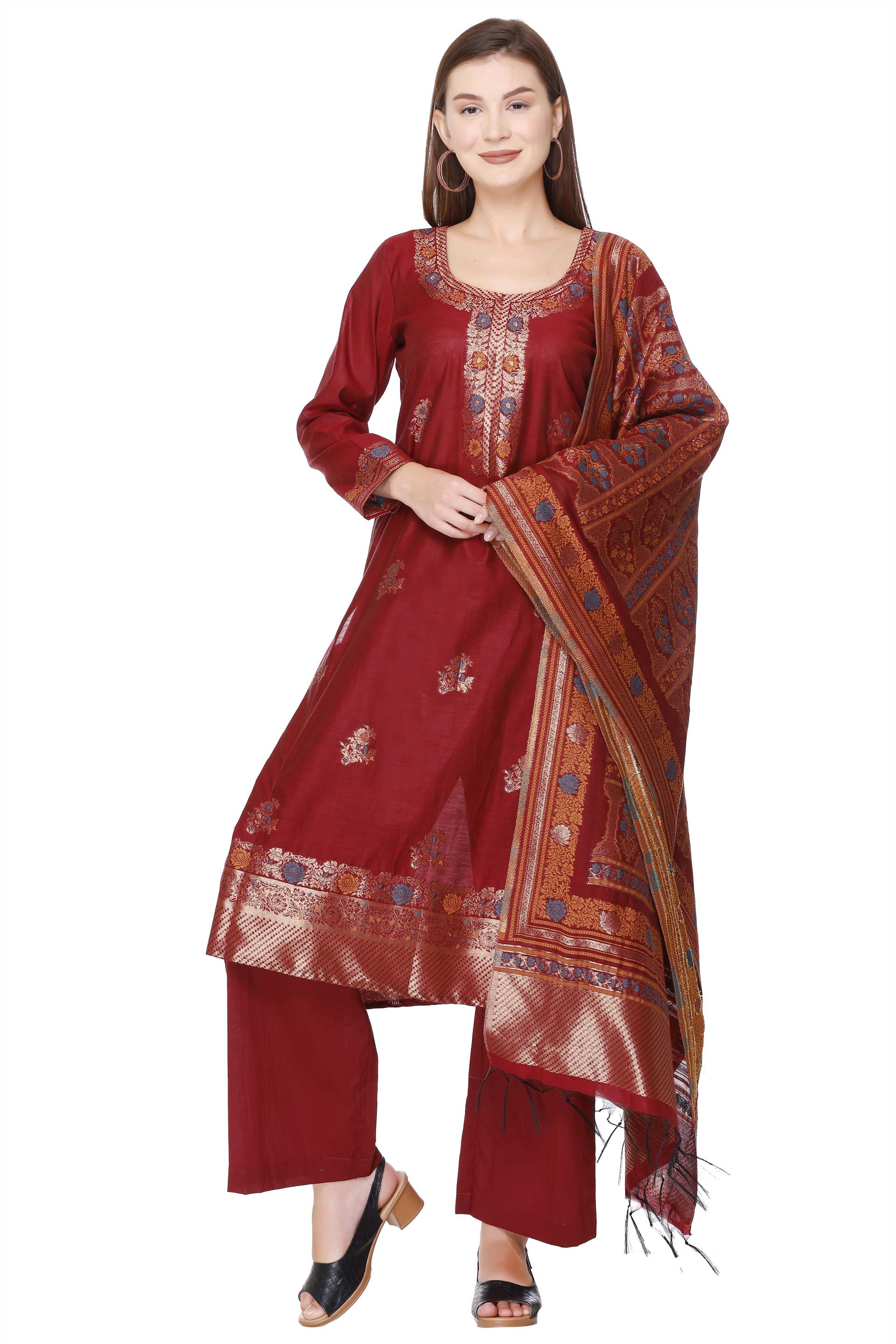 Kidar 's Unstitched Cotton Silk Suit in Mehroon