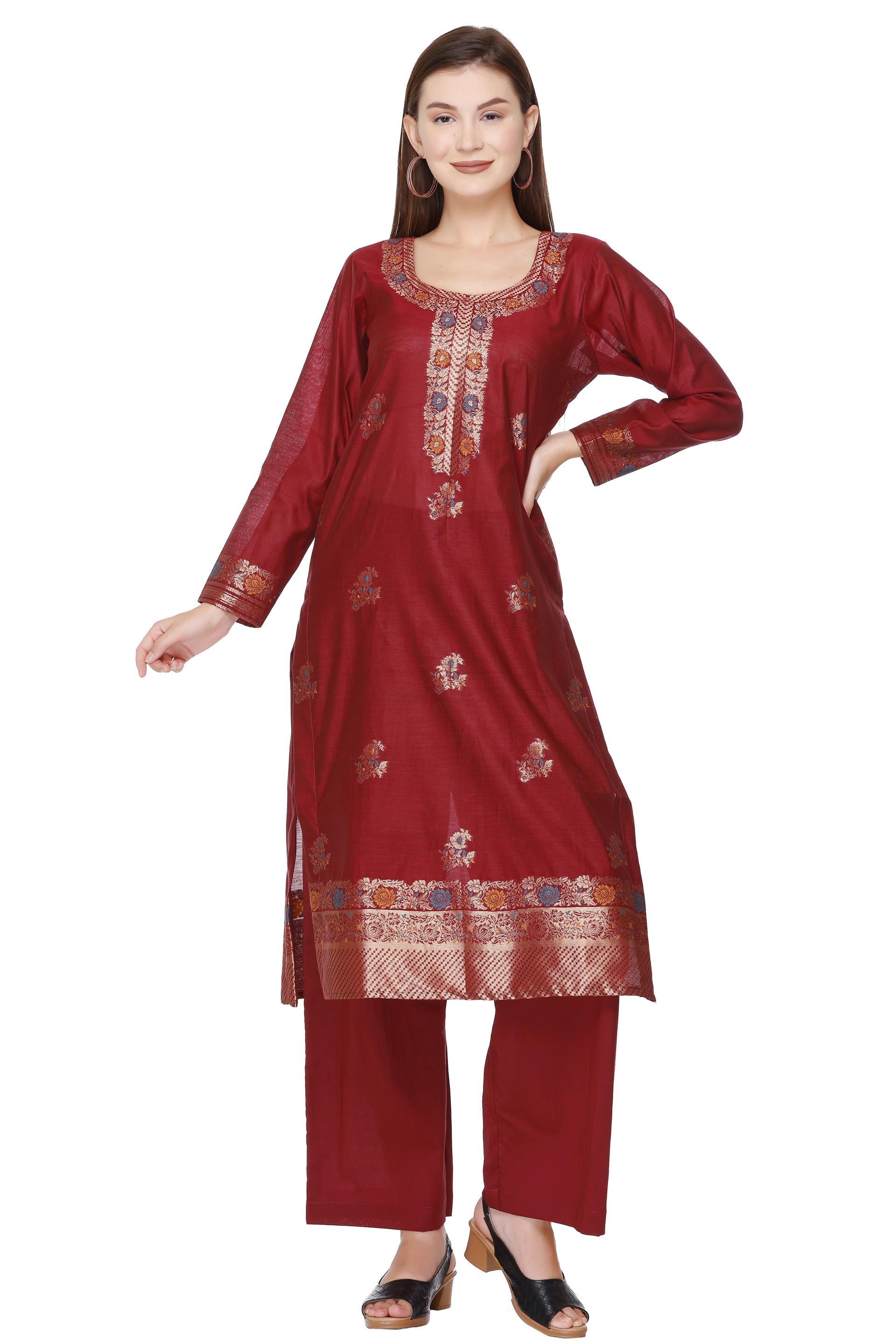 Kidar 's Unstitched Cotton Silk Suit in Mehroon