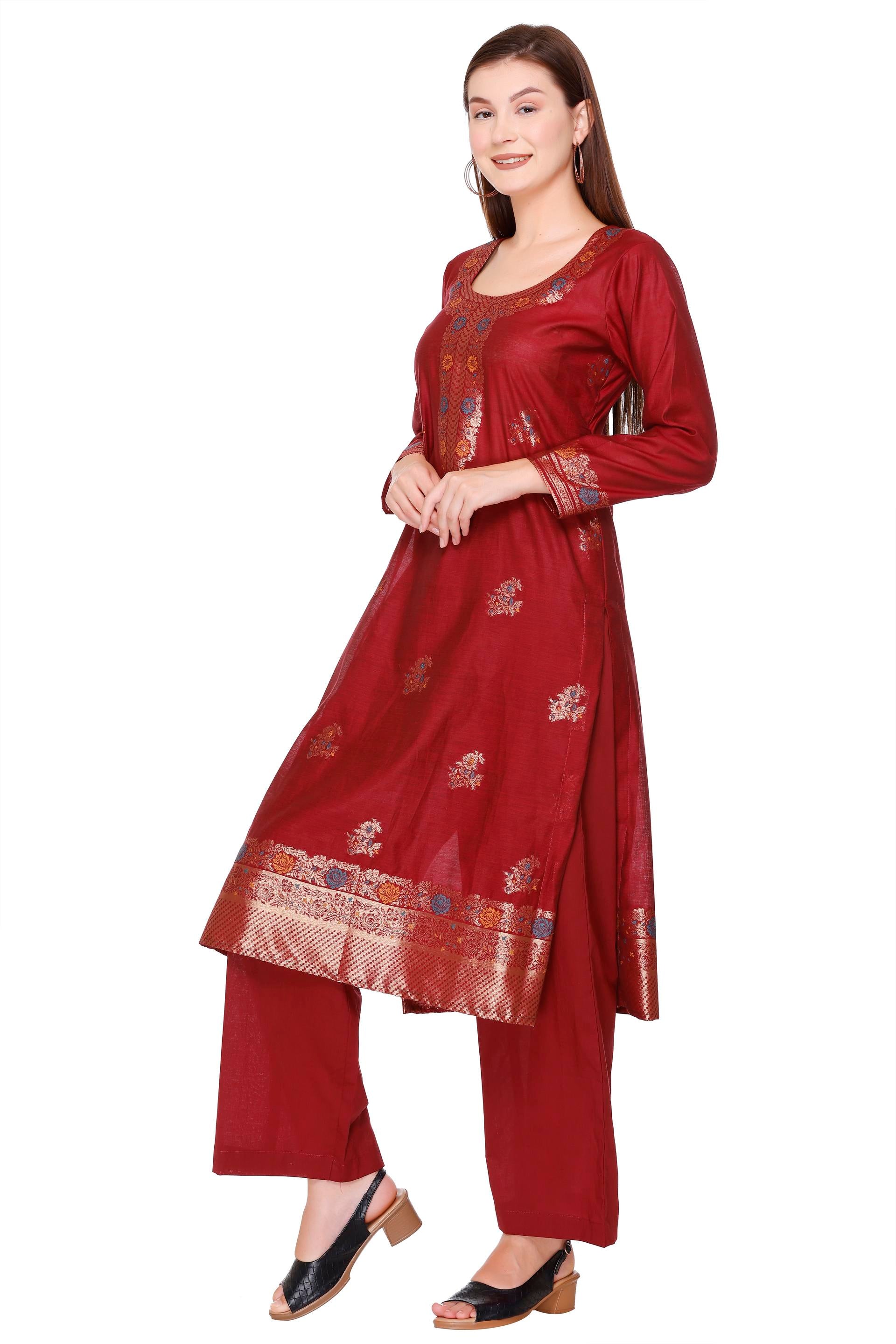 Kidar 's Unstitched Cotton Silk Suit in Mehroon