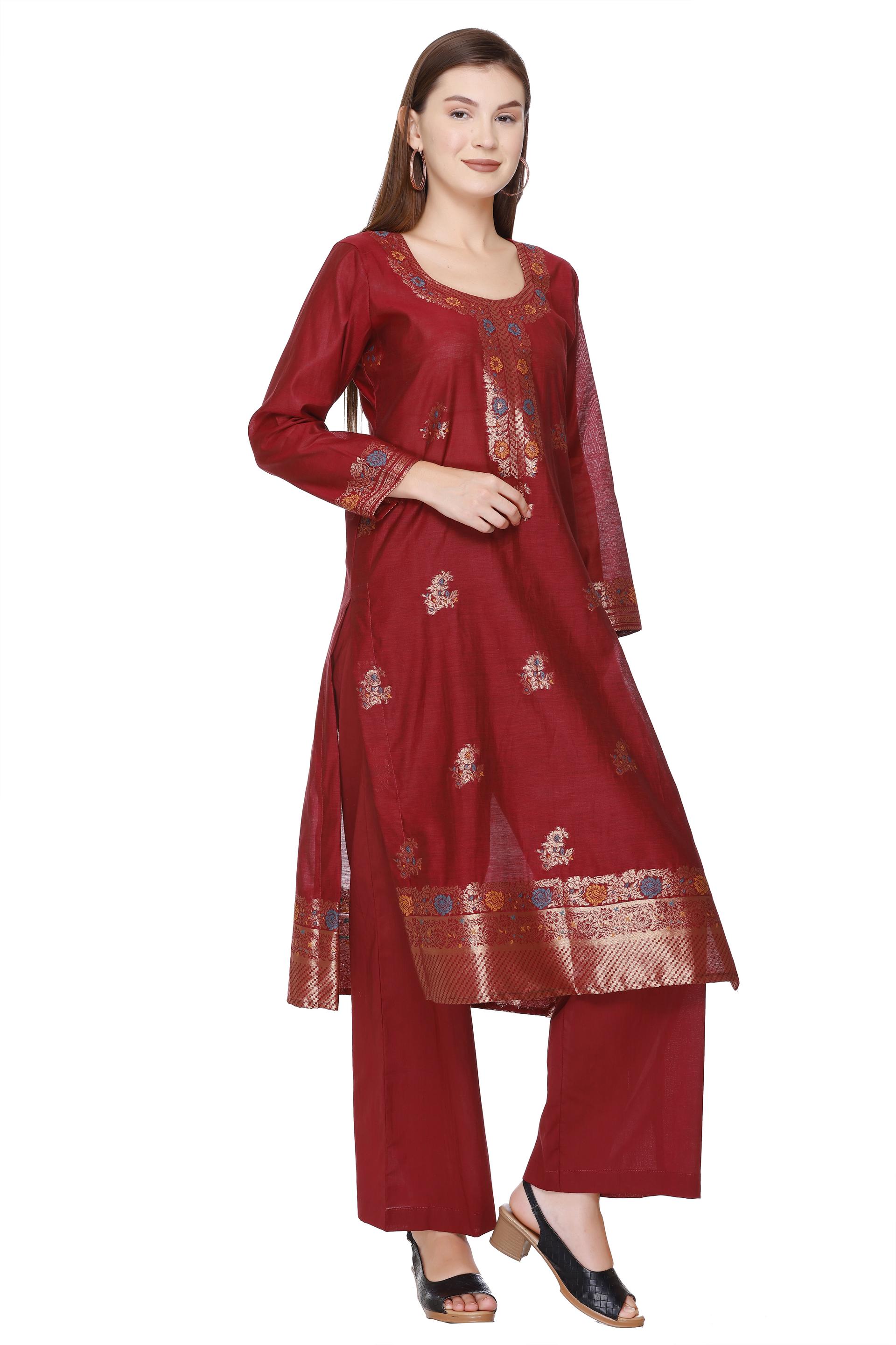 Kidar 's Unstitched Cotton Silk Suit in Mehroon