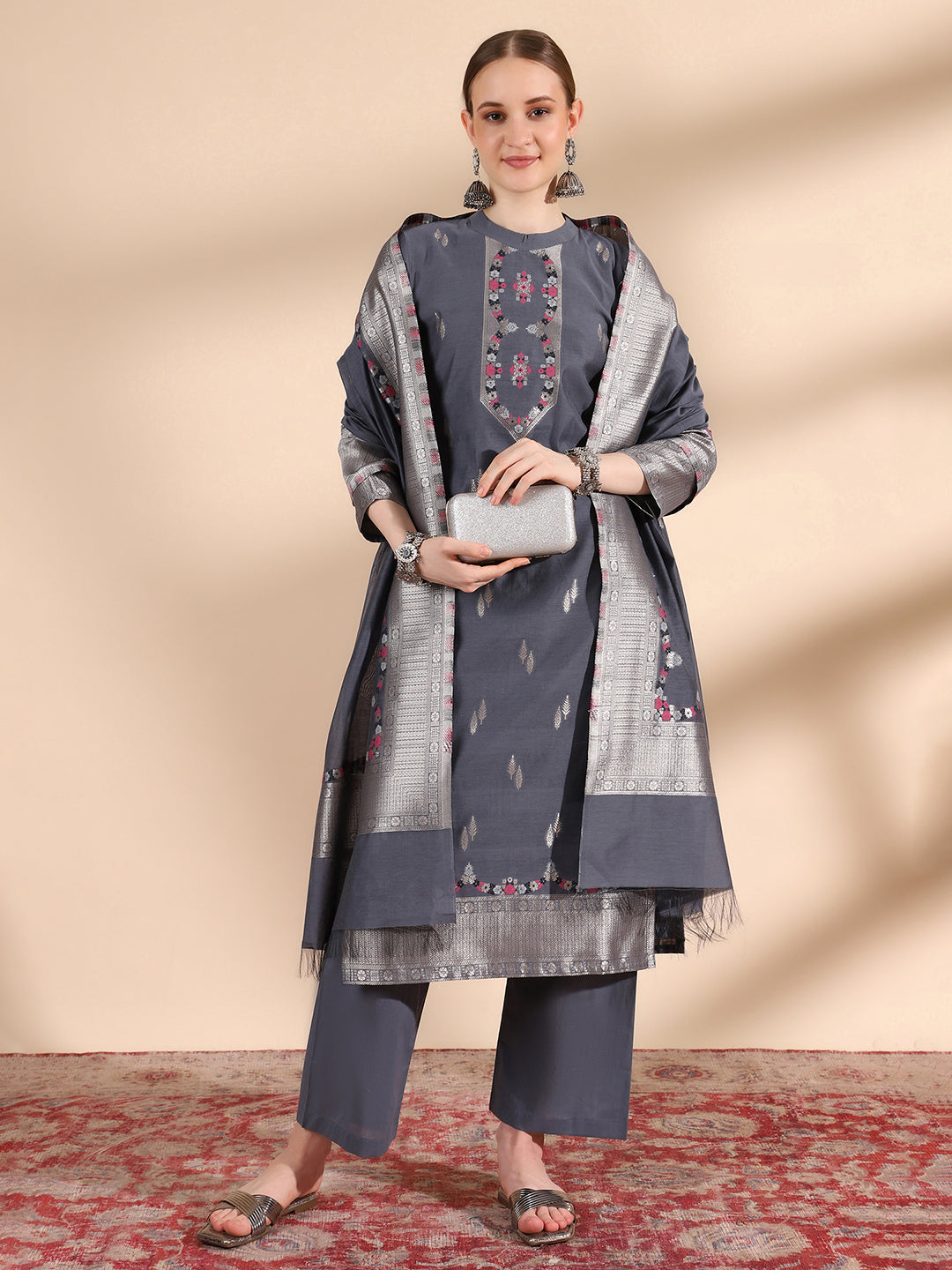 Kidar Ethnic Printed & Embordered Straight Kurta with Pant & Dupatta - Grey