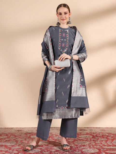 Kidar Ethnic Weave & Embordered Straight Kurta with Pant & Dupatta - Grey