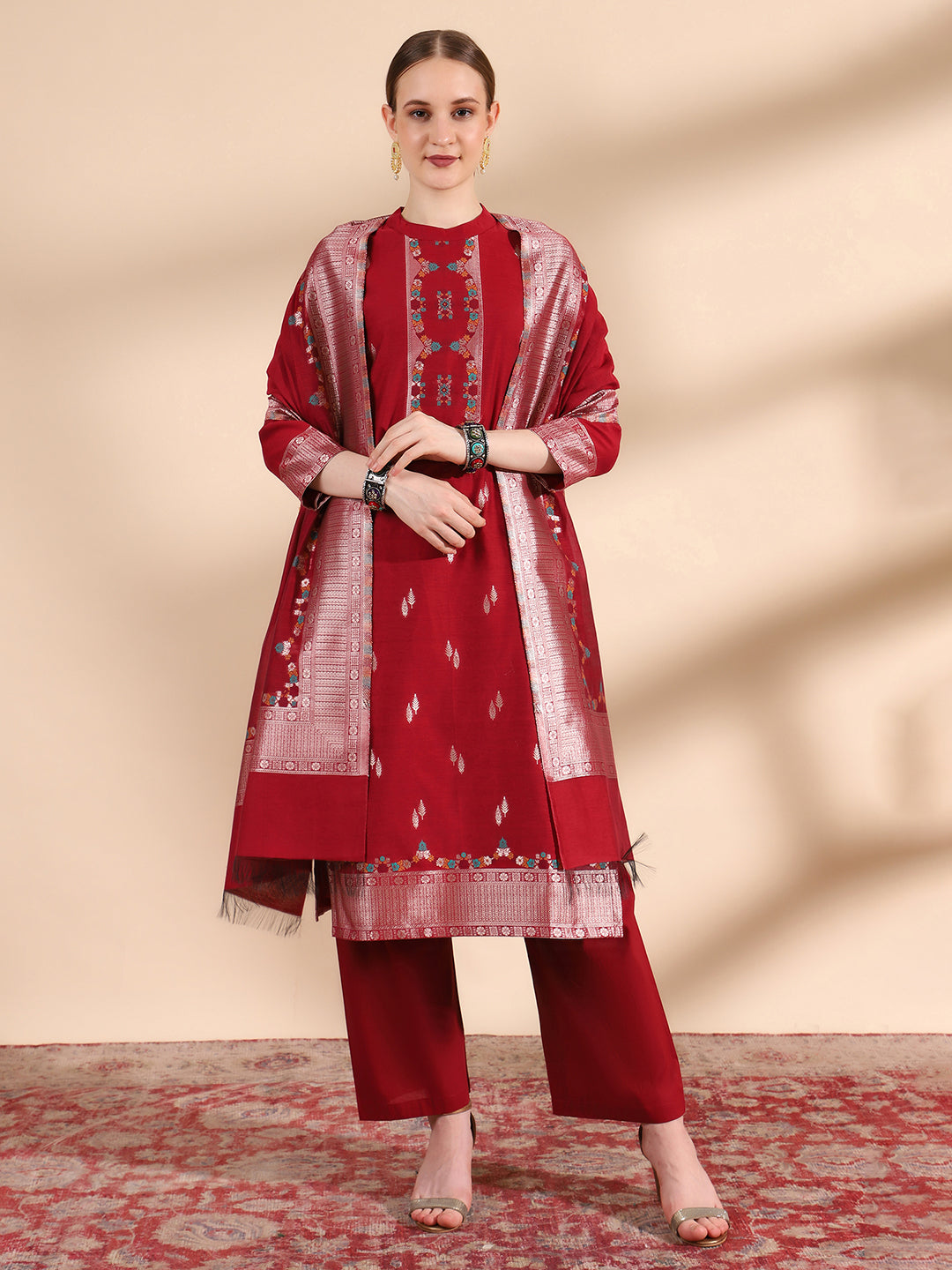 "Kidar Mehroon Cotton Silk Mandarin Collar Kurta Set with Dupatta"