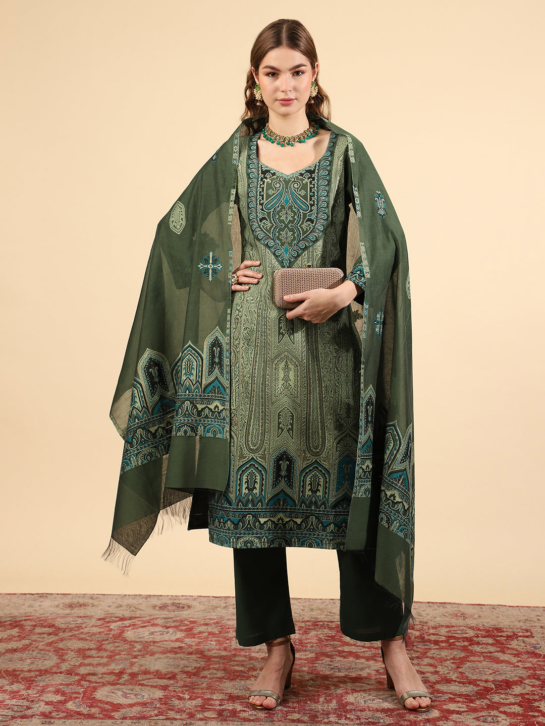 Kidar Ethnic Printed & Embordered Straight Kurta with Pant & Dupatta - B. Green