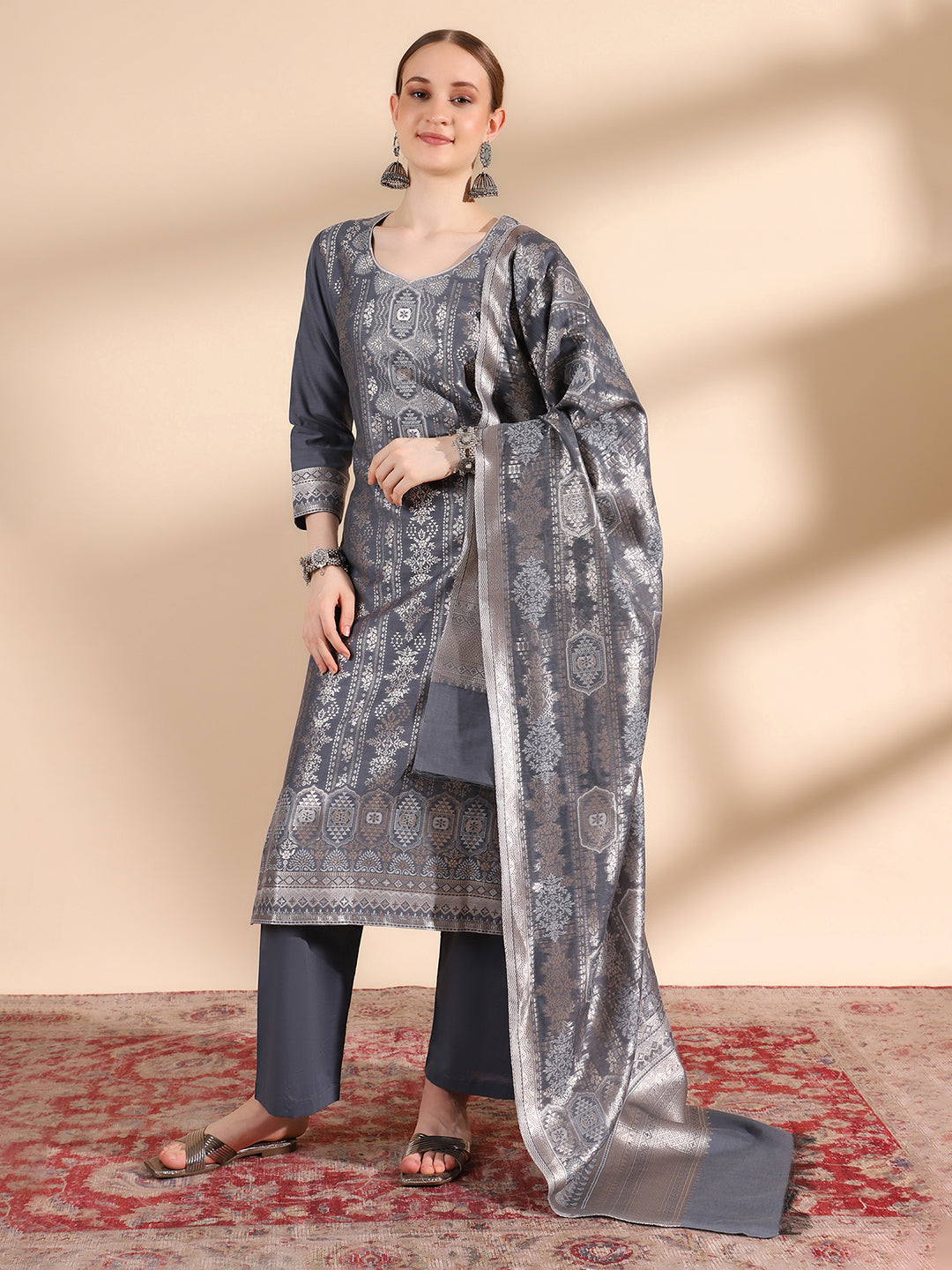 "Kidar's Grey Cotton Silk Kurta Set: Sizes S to 5XL"