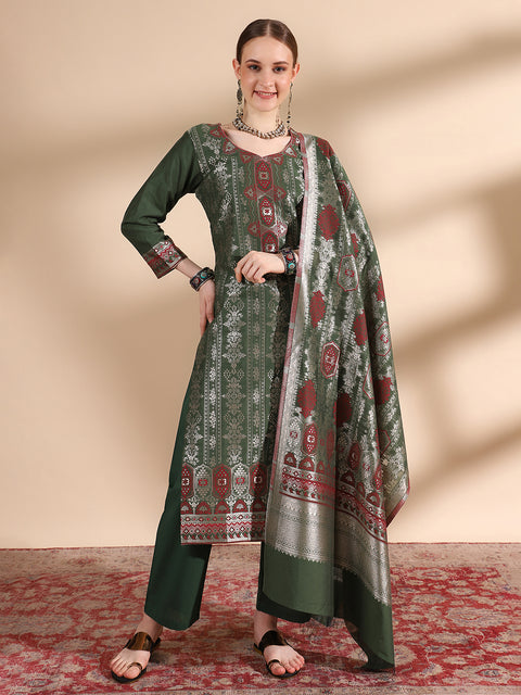 Kidar Ethnic Weave & Embordered Straight Kurta with Pant & Dupatta - B.green
