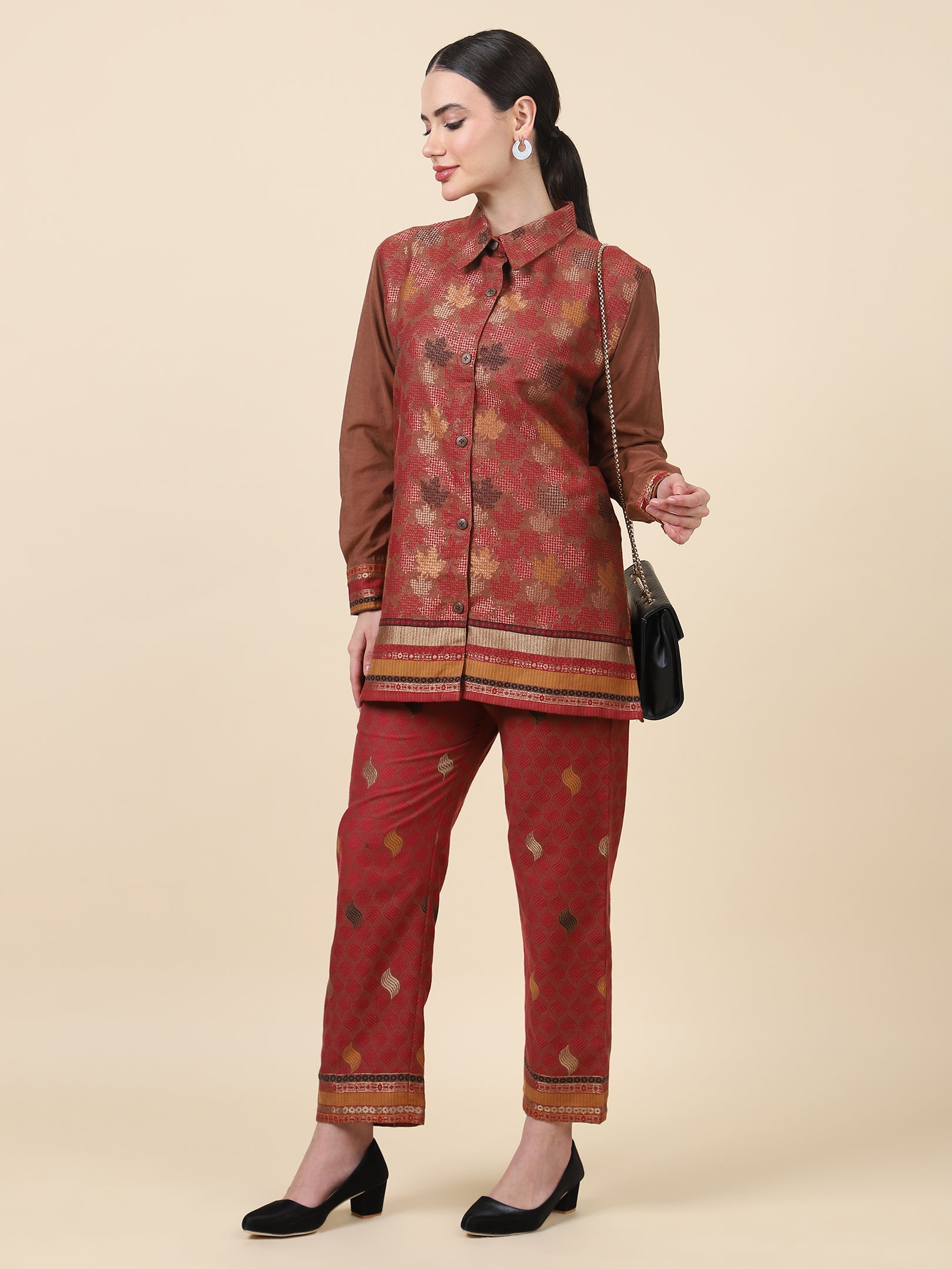 Kidar Ethnic Shirt Style Kurta With Pant Mehroon Chanderi Printed  Co-Ord Set (Top & Bottom)