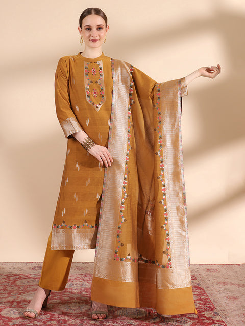 "Kidar Mustard Cotton Silk Mandarin Collar Kurta Set with Dupatta"
