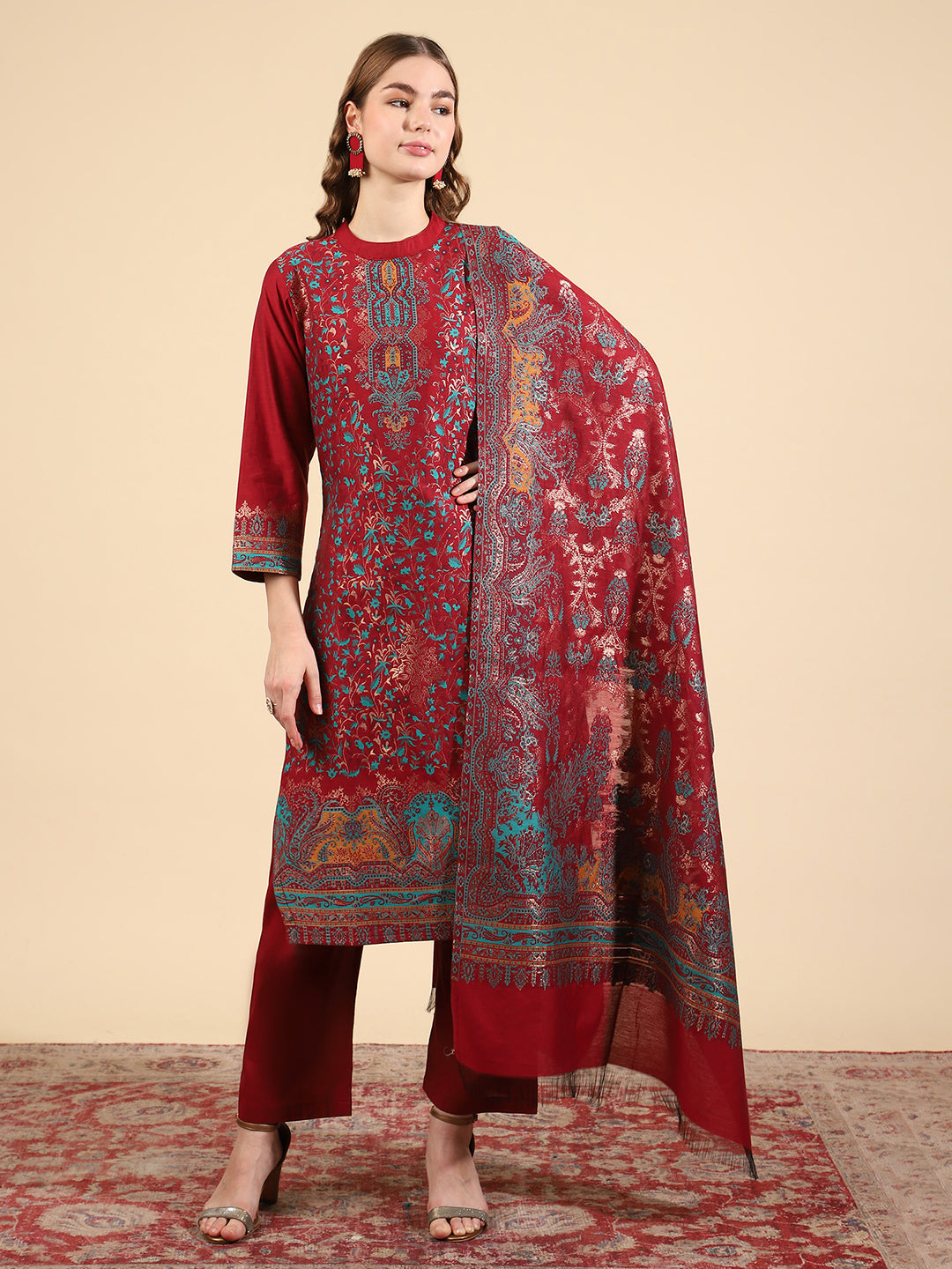 "Kidar Mehroon Cotton Silk Mandarin Collar Kurta Set with Dupatta"