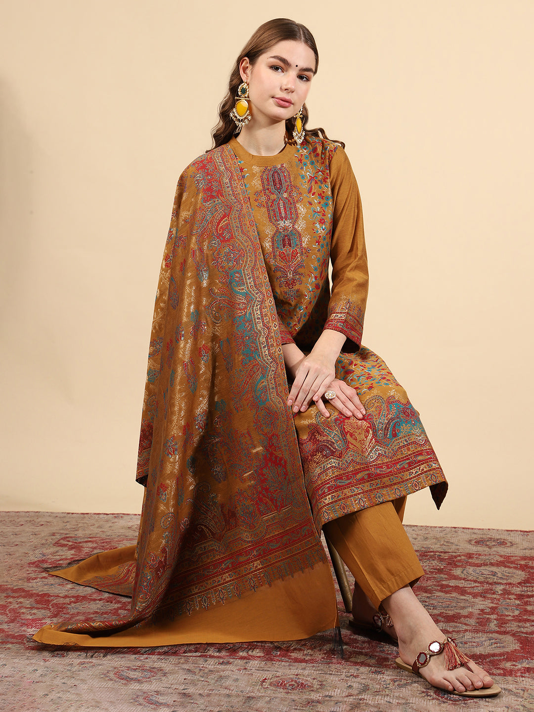 "Kidar Mustard Cotton Silk Mandarin Collar Kurta Set with Dupatta"