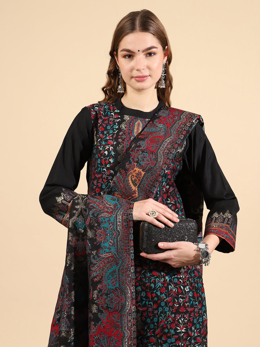 Mandarin Collar Kurta Set with Dupatta - Black