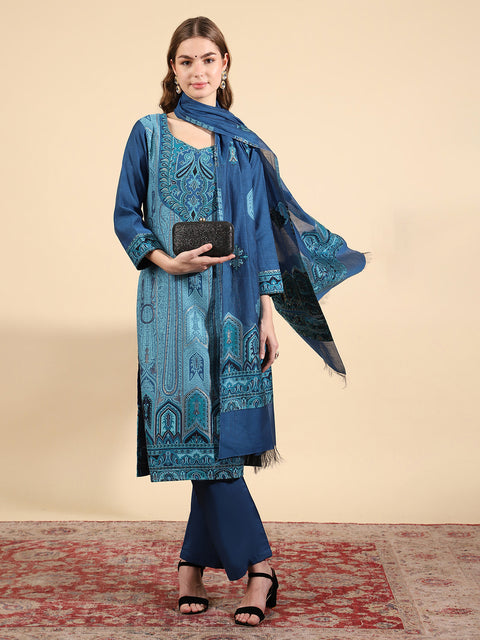 Kidar Royal Blue Organic Cotton Pant Suit with Weave Dupatta"