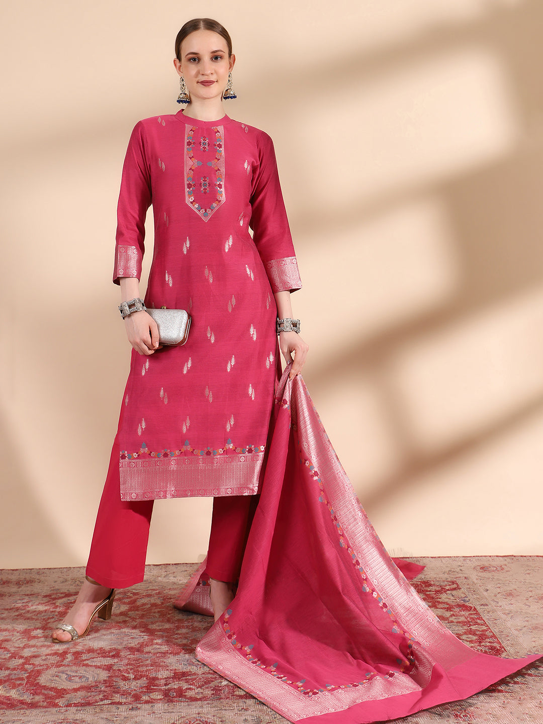 "Magenta Mandarin Collar Kurta Set with Dupatta by Kidar