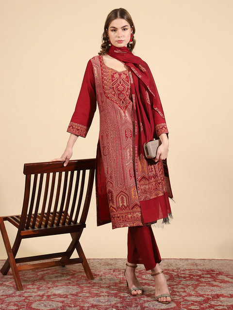''Kidar Mehroon Cotton Silk Mandarin Collar Kurta Set with Dupatta"