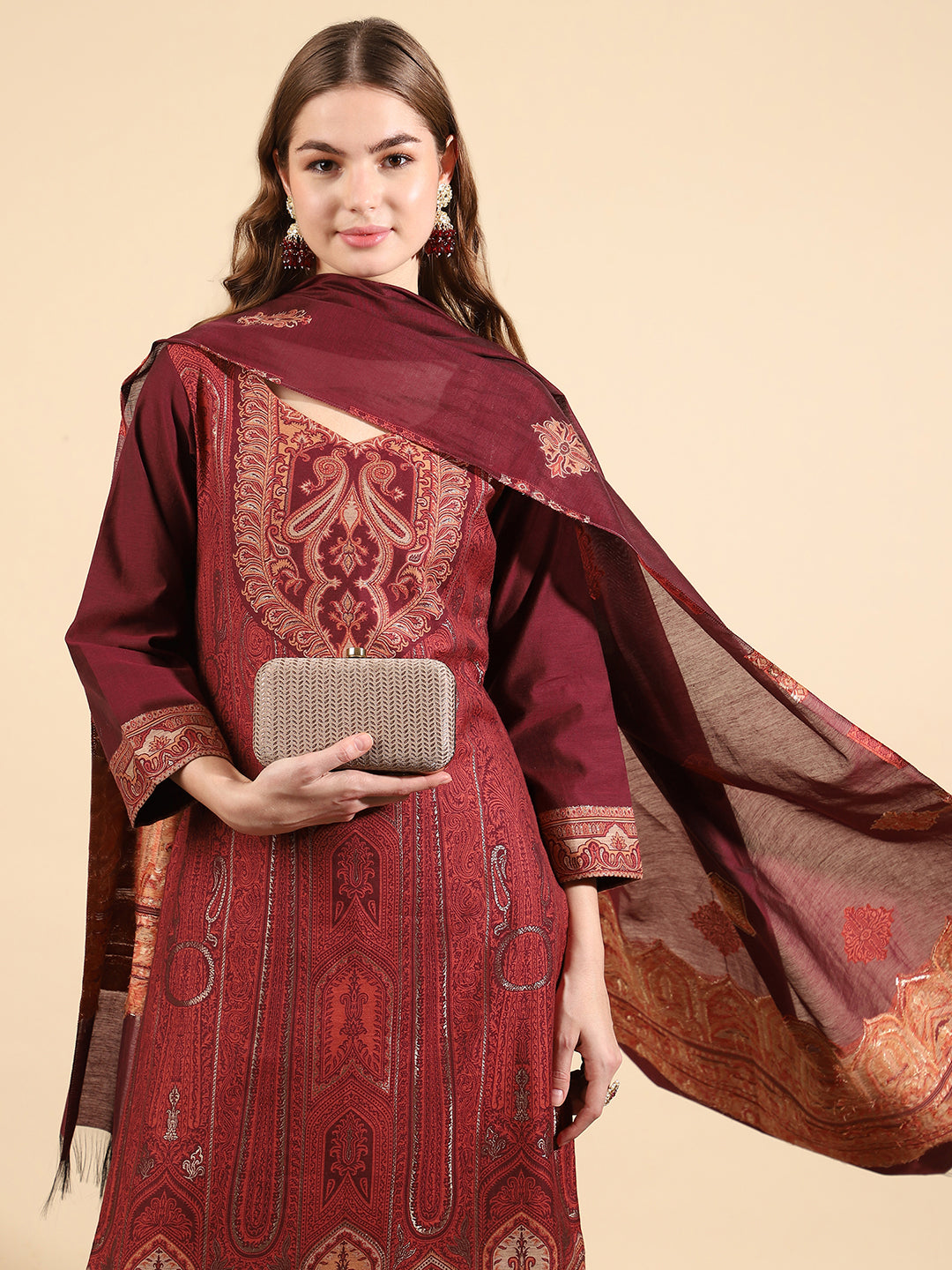 Elegant Wine-Colored U-Neck Kurta Set by Kidar