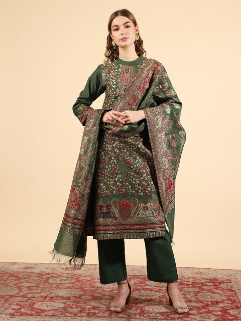 Kidar Floral Weave Kurta with Pants & Dupatta - B. Green