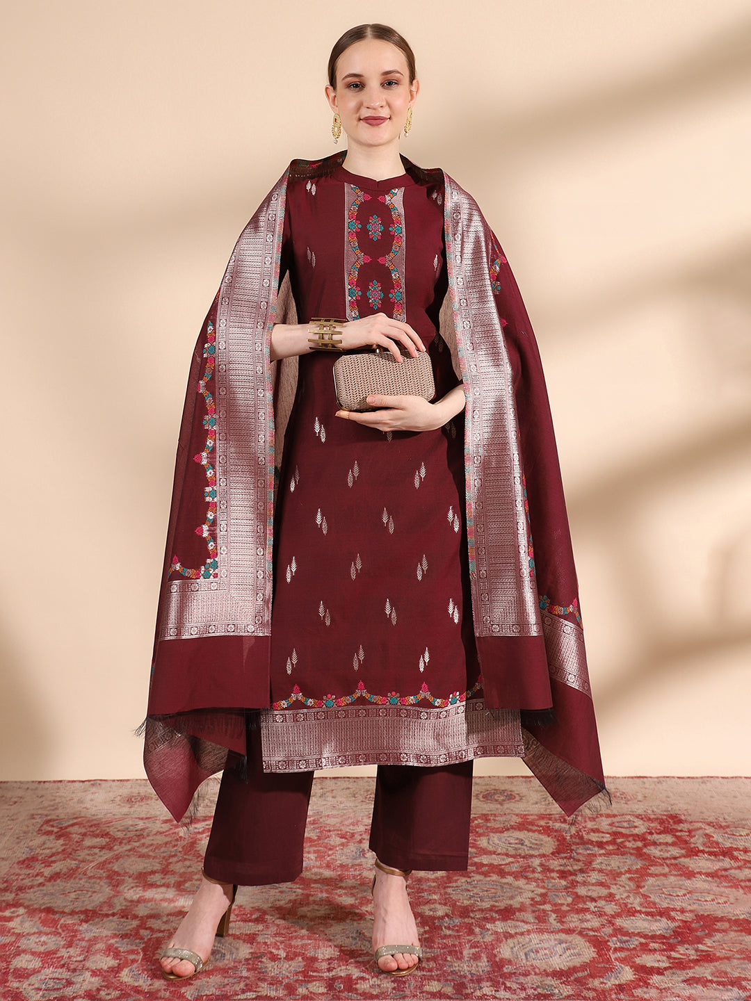 Kidar Floral Printed Kurta with Pants & Dupatta - Wine