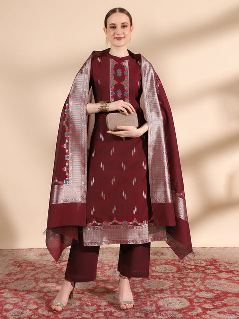 Kidar Floral Weave Kurta with Pants & Dupatta - Wine