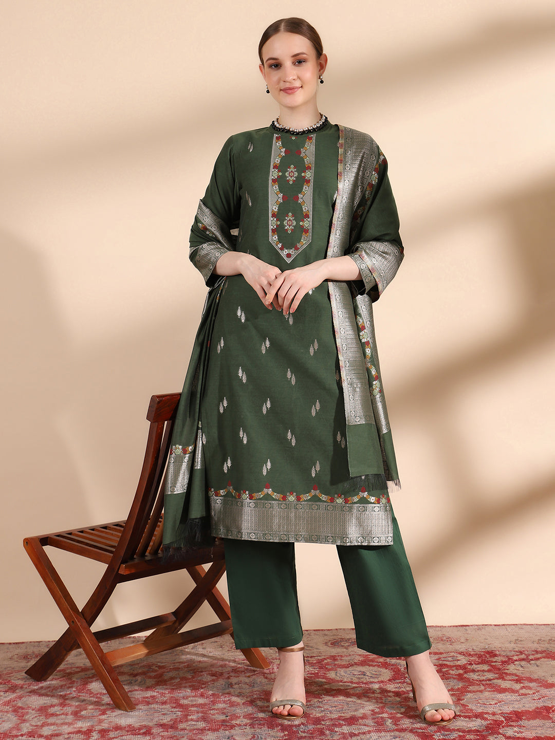 Kidar Ethnic Printed & Embordered Straight Kurta with Pant & Dupatta - b-green