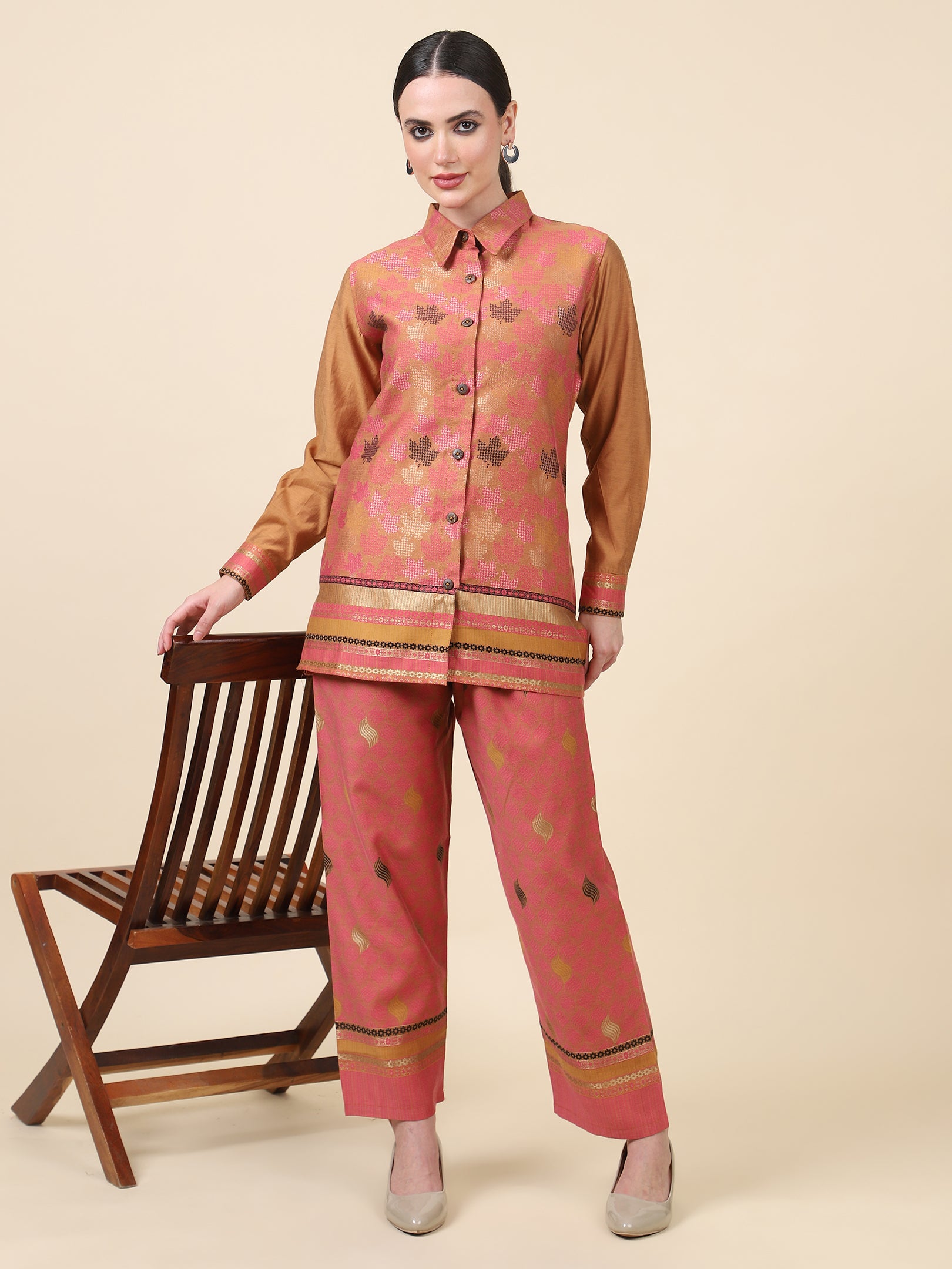 Kidar Ethnic Shirt Style Kurta with Pant Mehroon Chandri Printed Cord-Set (Top & Bottom)