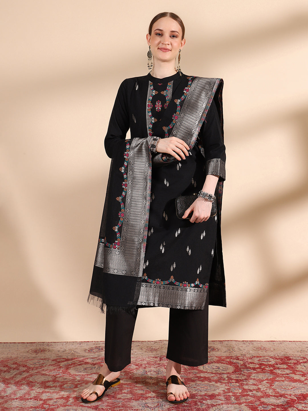 Mandarin Collar Kurta Set with Dupatta - Black