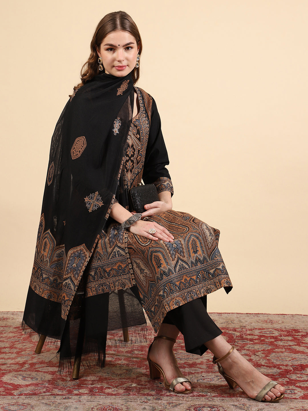 Kidar Elegant Black Printed Pant Suit with Threadwork - Black