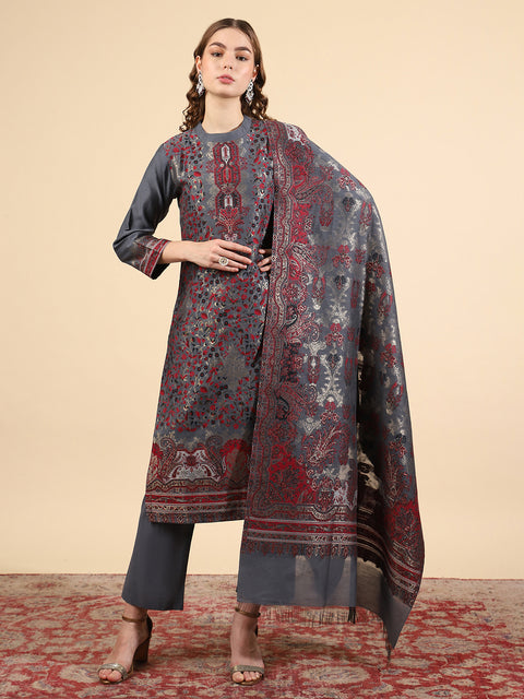 Kidar Ethnic Weave & Embordered Straight Kurta with Pant & Dupatta - Grey
