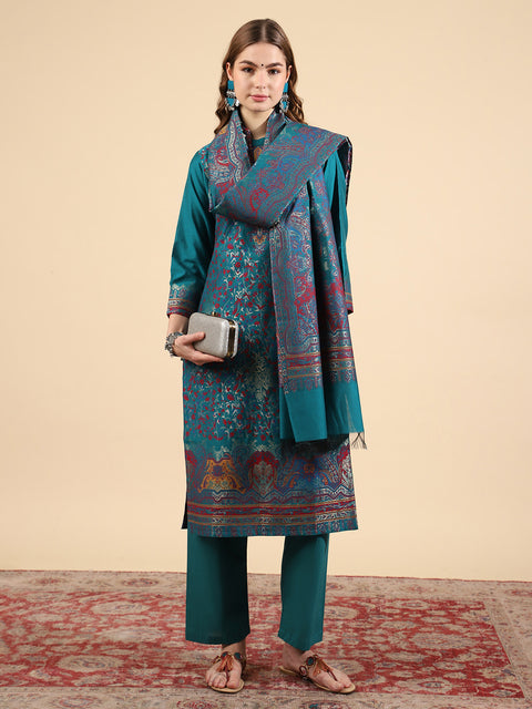 Kidar Ethnic Weave & Embordered Straight Kurta with Pant & Dupatta - New Green