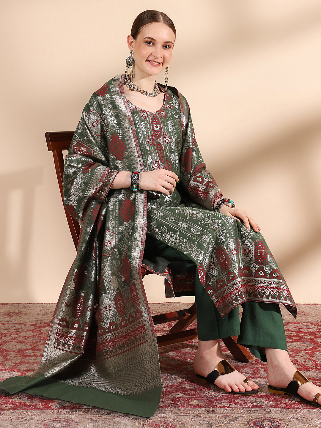 Kidar Ethnic Printed & Embrodered Straight Kurta with Pant & Dupatta - B.green