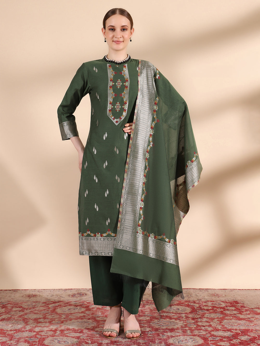 Kidar Ethnic Printed & Embordered Straight Kurta with Pant & Dupatta - b-green