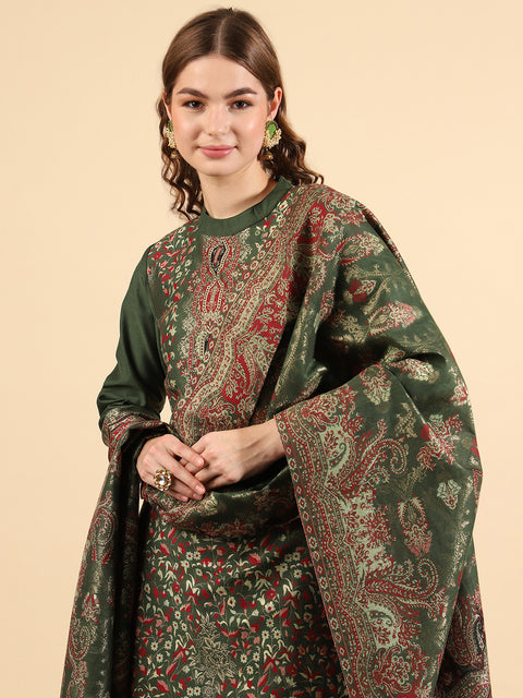 Kidar Floral Weave Kurta with Pants & Dupatta - B. Green