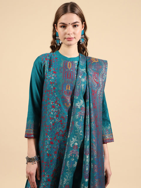 Kidar Ethnic Weave & Embordered Straight Kurta with Pant & Dupatta - New Green