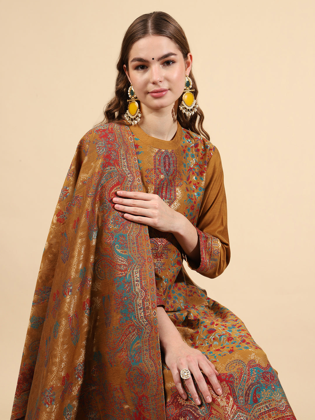 "Kidar Mustard Cotton Silk Mandarin Collar Kurta Set with Dupatta"