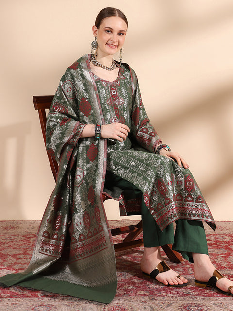 Kidar Ethnic Weave & Embordered Straight Kurta with Pant & Dupatta - B.green