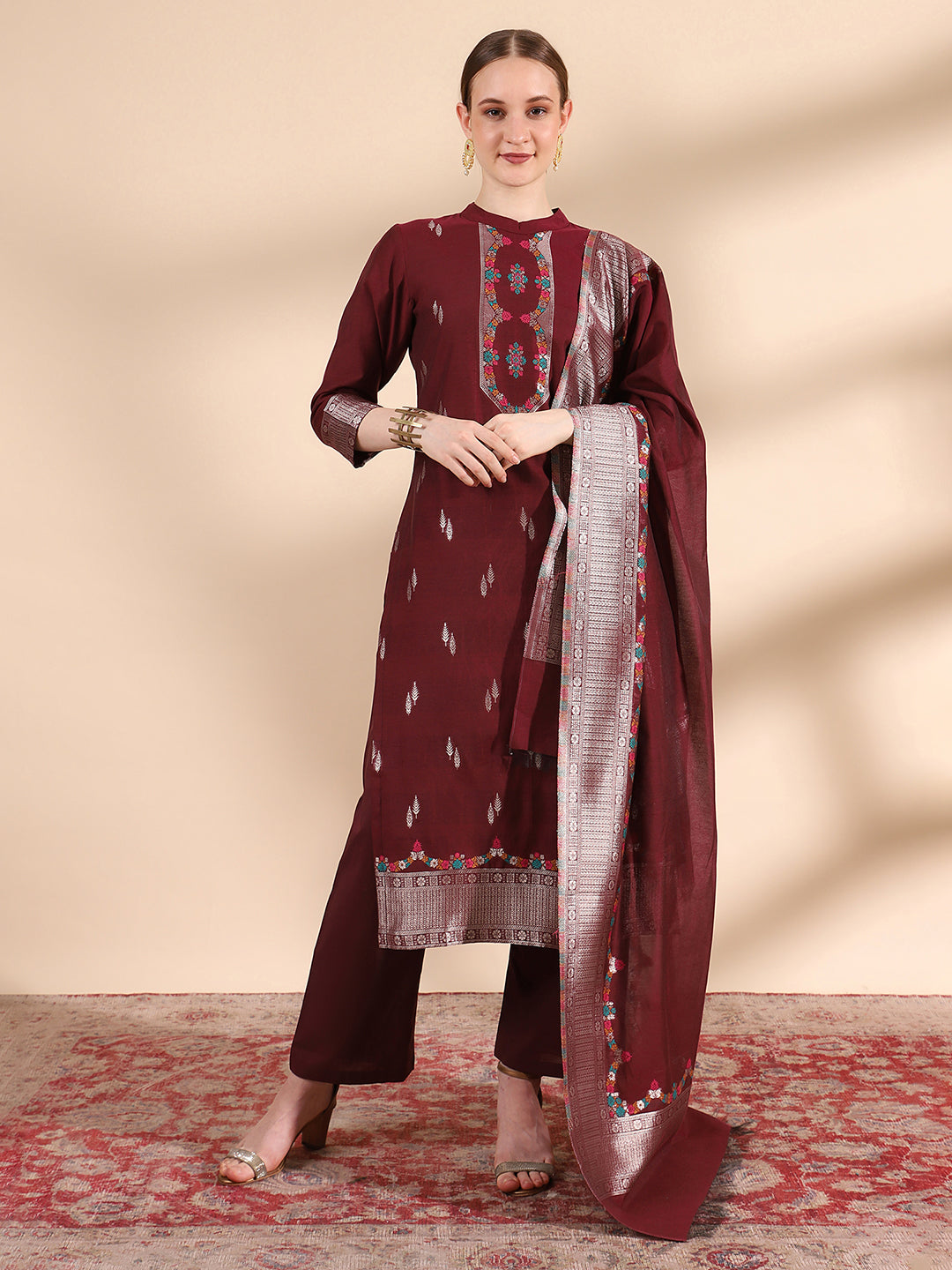 Kidar Floral Printed Kurta with Pants & Dupatta - Wine