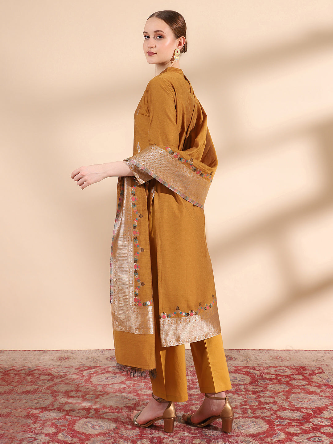 "Kidar Mustard Cotton Silk Mandarin Collar Kurta Set with Dupatta"