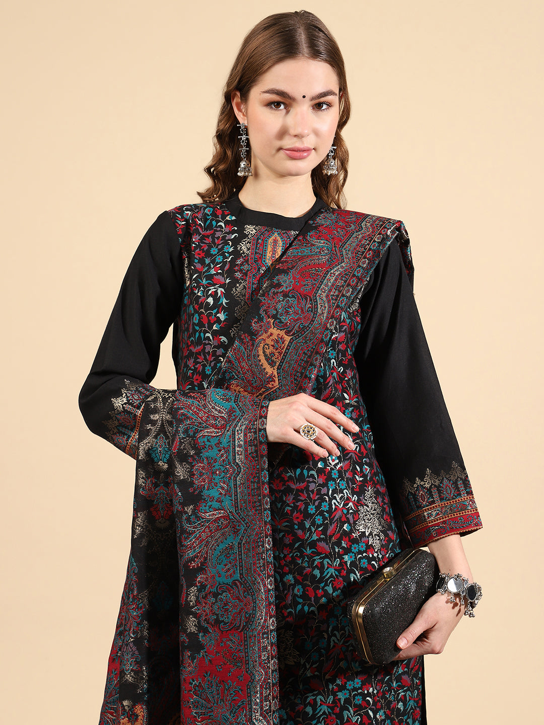 Mandarin Collar Kurta Set with Dupatta - Black