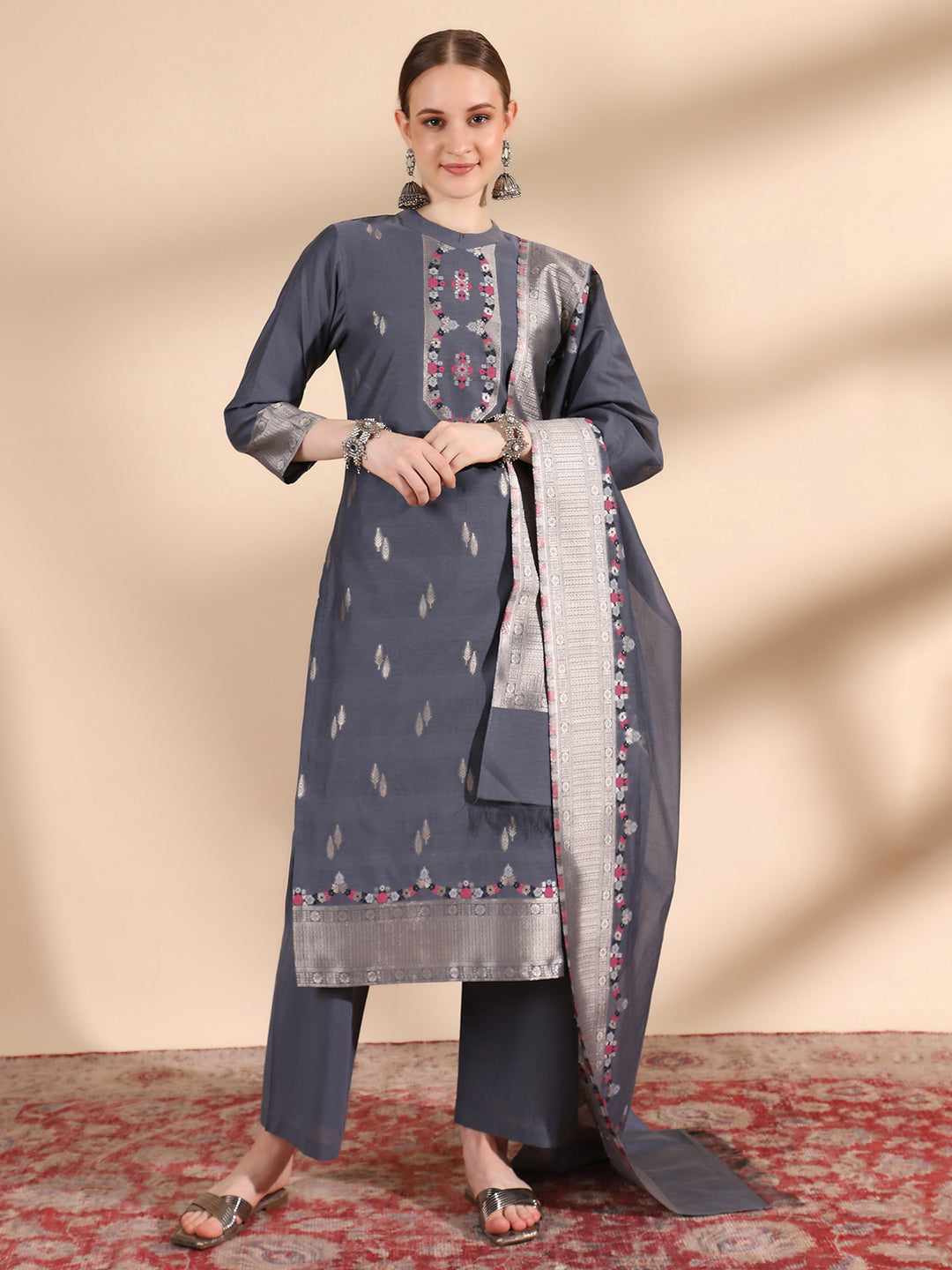 Kidar Ethnic Printed & Embordered Straight Kurta with Pant & Dupatta - Grey