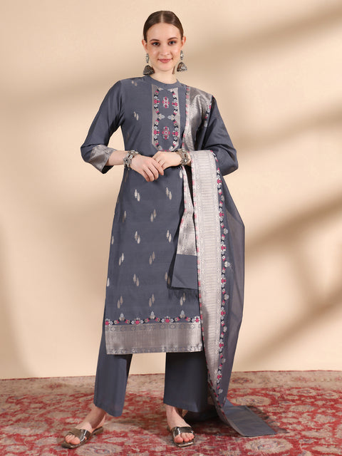 Kidar Ethnic Weave & Embordered Straight Kurta with Pant & Dupatta - Grey