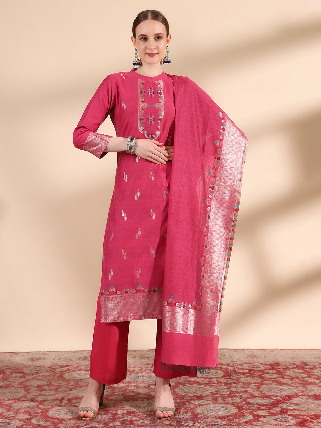 "Magenta Mandarin Collar Kurta Set with Dupatta by Kidar