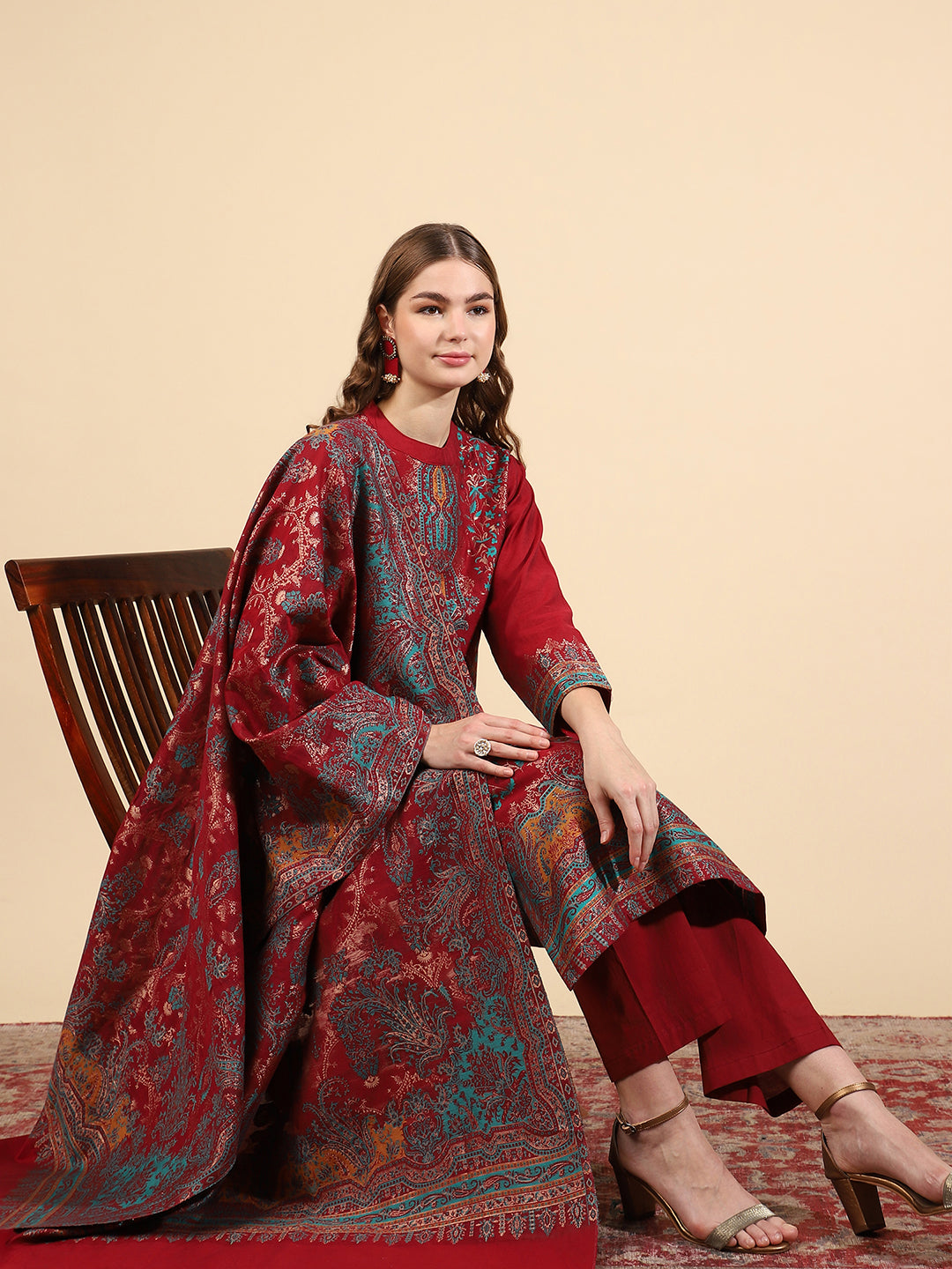 "Kidar Mehroon Cotton Silk Mandarin Collar Kurta Set with Dupatta"